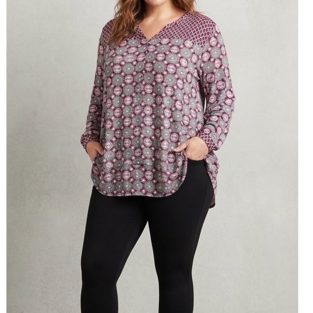 Cato Tunic Top Purple Medallion Print Split Neck Long Sleeve Women XL